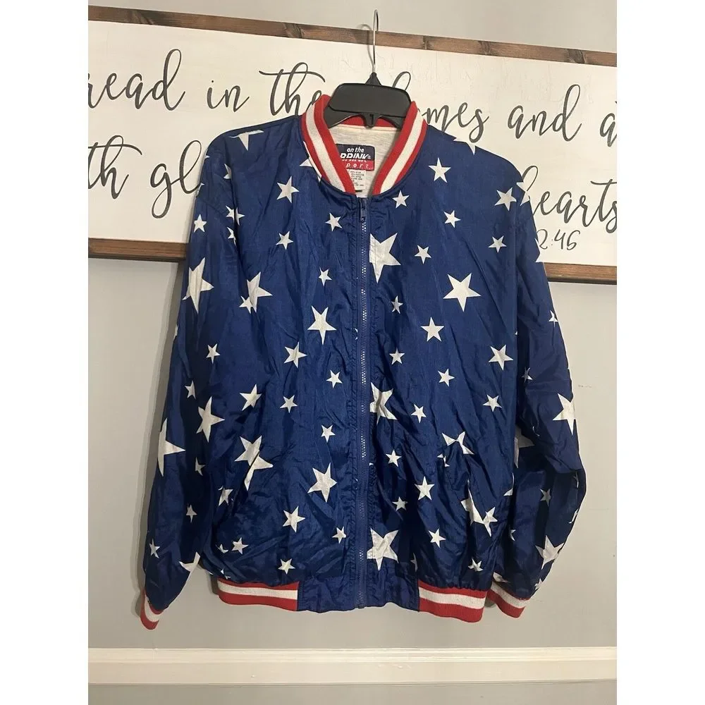 Vintage On The Brink Jacket Unisex Small White Red Blue Stars Windbreaker Lined